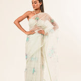 White Organza Saree with Floral Embroidered Work - Anvi Couture