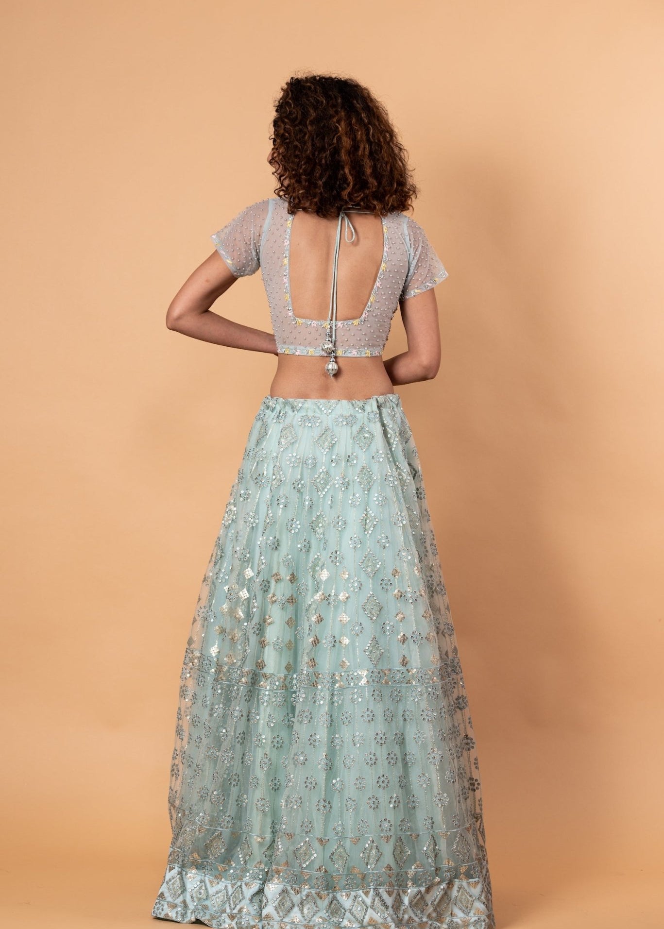 Light Blue Net Lehenga with Embroidery Work - Anvi Couture