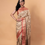 White and Red Silk Saree With Golden Zari Woven All Over Pallu and Border - Anvi Couture
