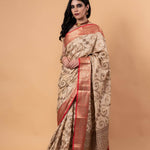 White and Red Silk Saree With Golden Zari Woven All Over Pallu and Border - Anvi Couture