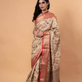 White and Red Silk Saree With Golden Zari Woven All Over Pallu and Border - Anvi Couture