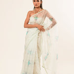 White Organza Saree with Floral Embroidered Work - Anvi Couture