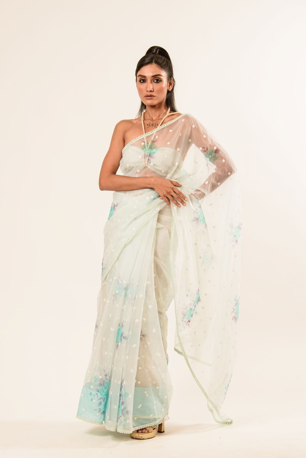 White Organza Saree with Floral Embroidered Work - Anvi Couture