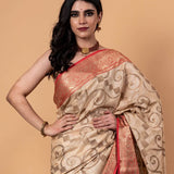 White and Red Silk Saree With Golden Zari Woven All Over Pallu and Border - Anvi Couture