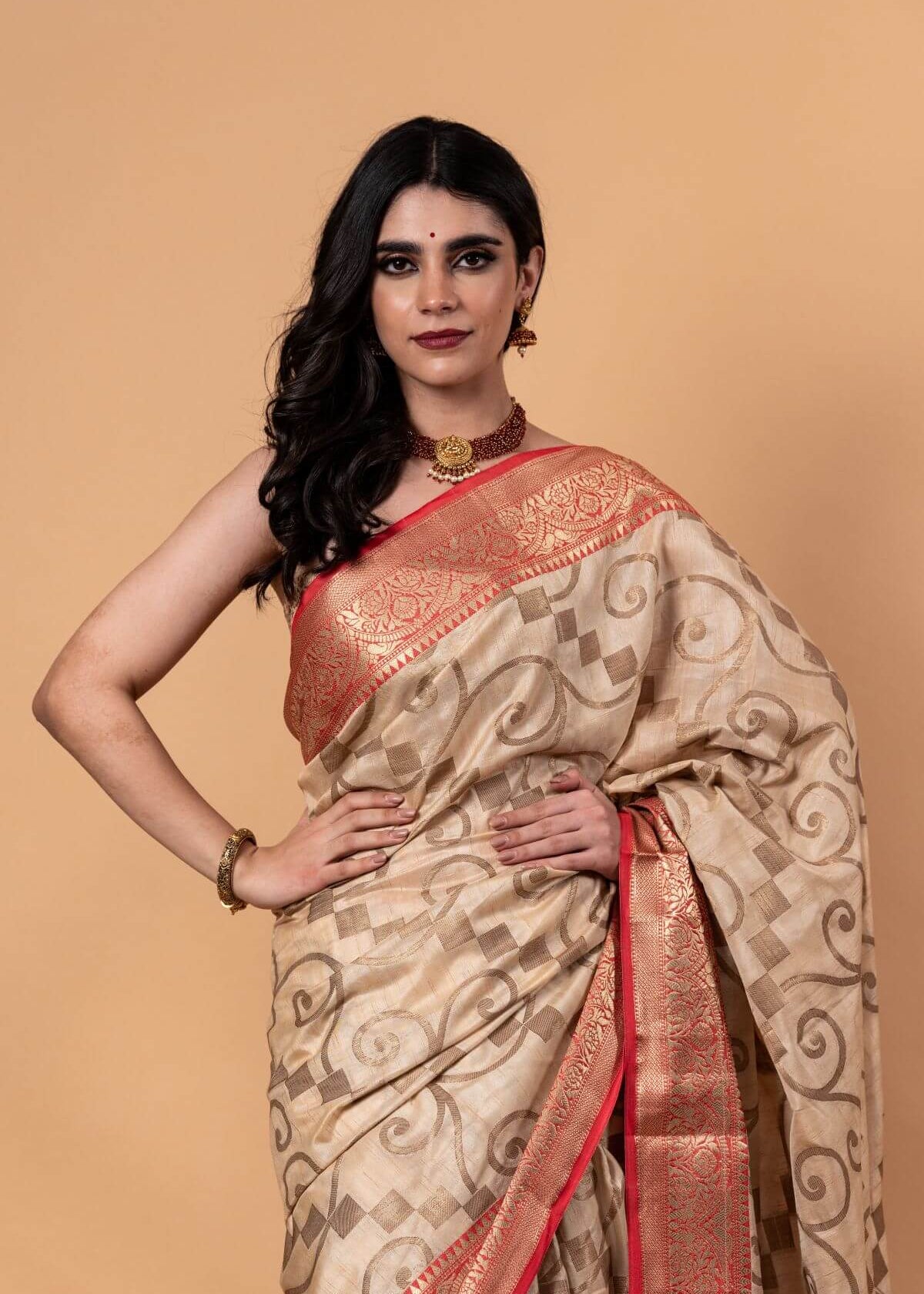White and Red Silk Saree With Golden Zari Woven All Over Pallu and Border - Anvi Couture