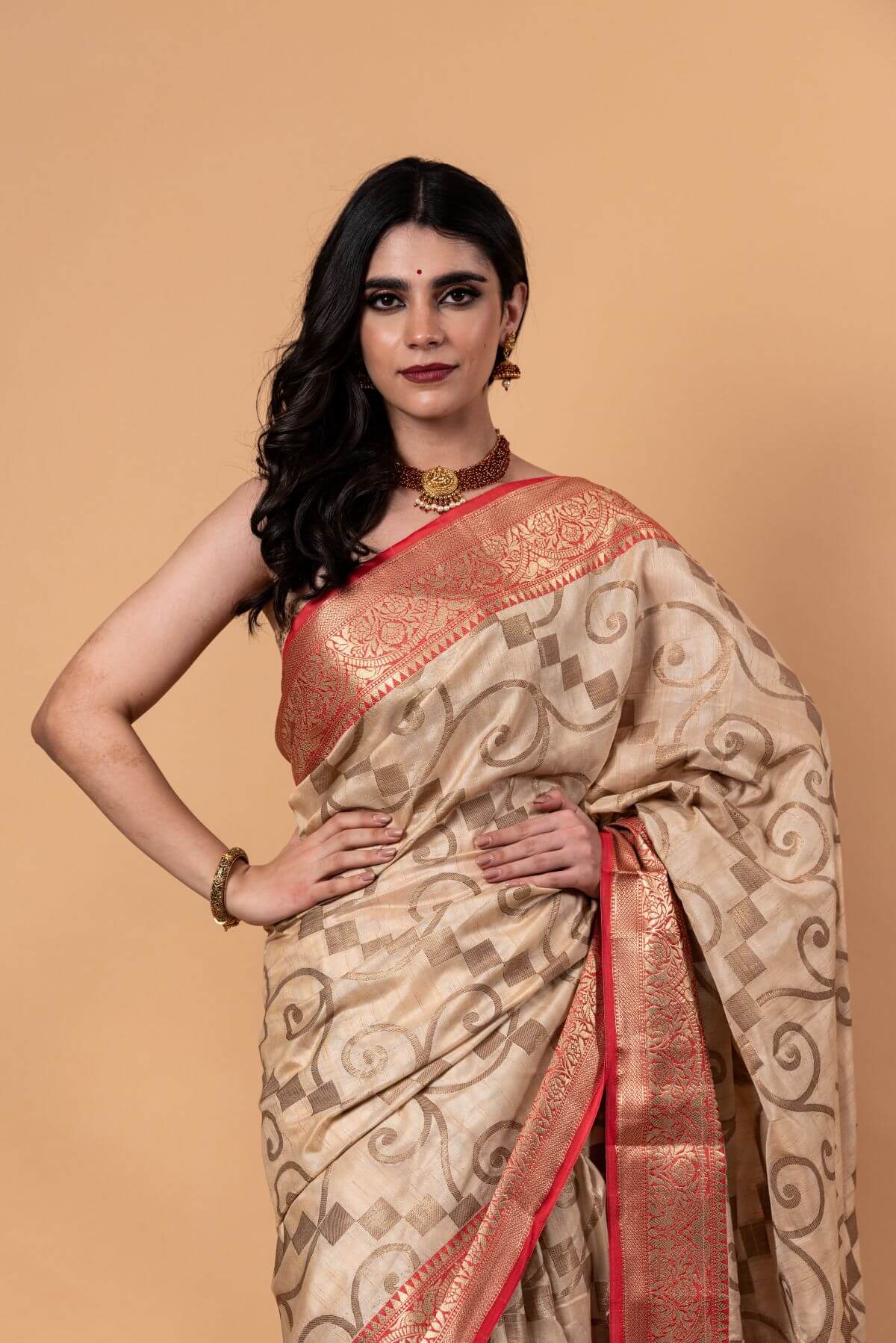 White and Red Silk Saree With Golden Zari Woven All Over Pallu and Border - Anvi Couture