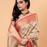 White and Red Silk Saree With Golden Zari Woven All Over Pallu and Border - Anvi Couture