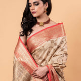 White and Red Silk Saree With Golden Zari Woven All Over Pallu and Border - Anvi Couture