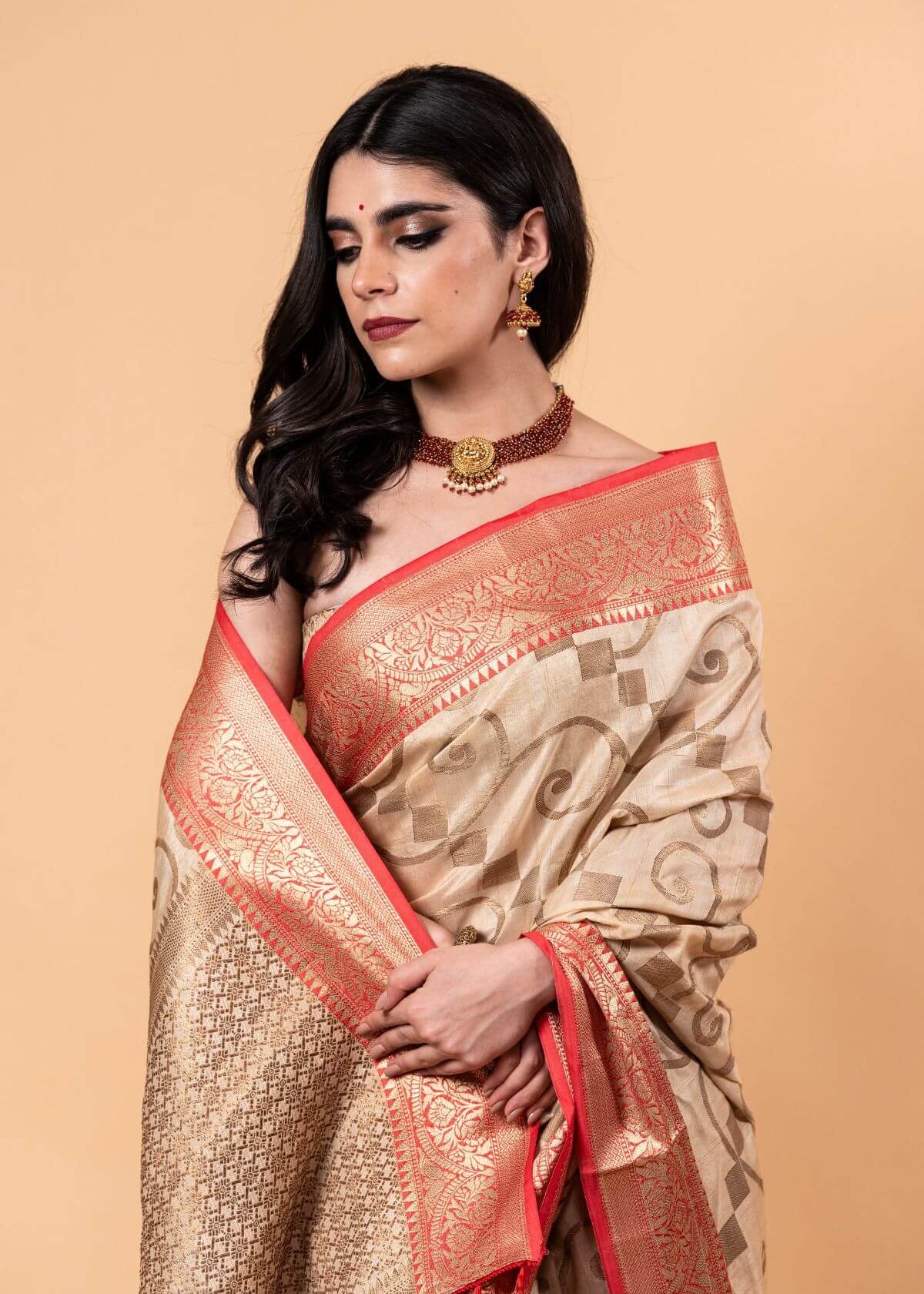 White and Red Silk Saree With Golden Zari Woven All Over Pallu and Border - Anvi Couture