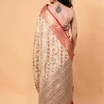 White and Red Silk Saree With Golden Zari Woven All Over Pallu and Border - Anvi Couture