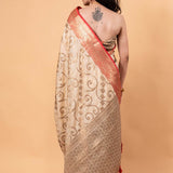White and Red Silk Saree With Golden Zari Woven All Over Pallu and Border - Anvi Couture