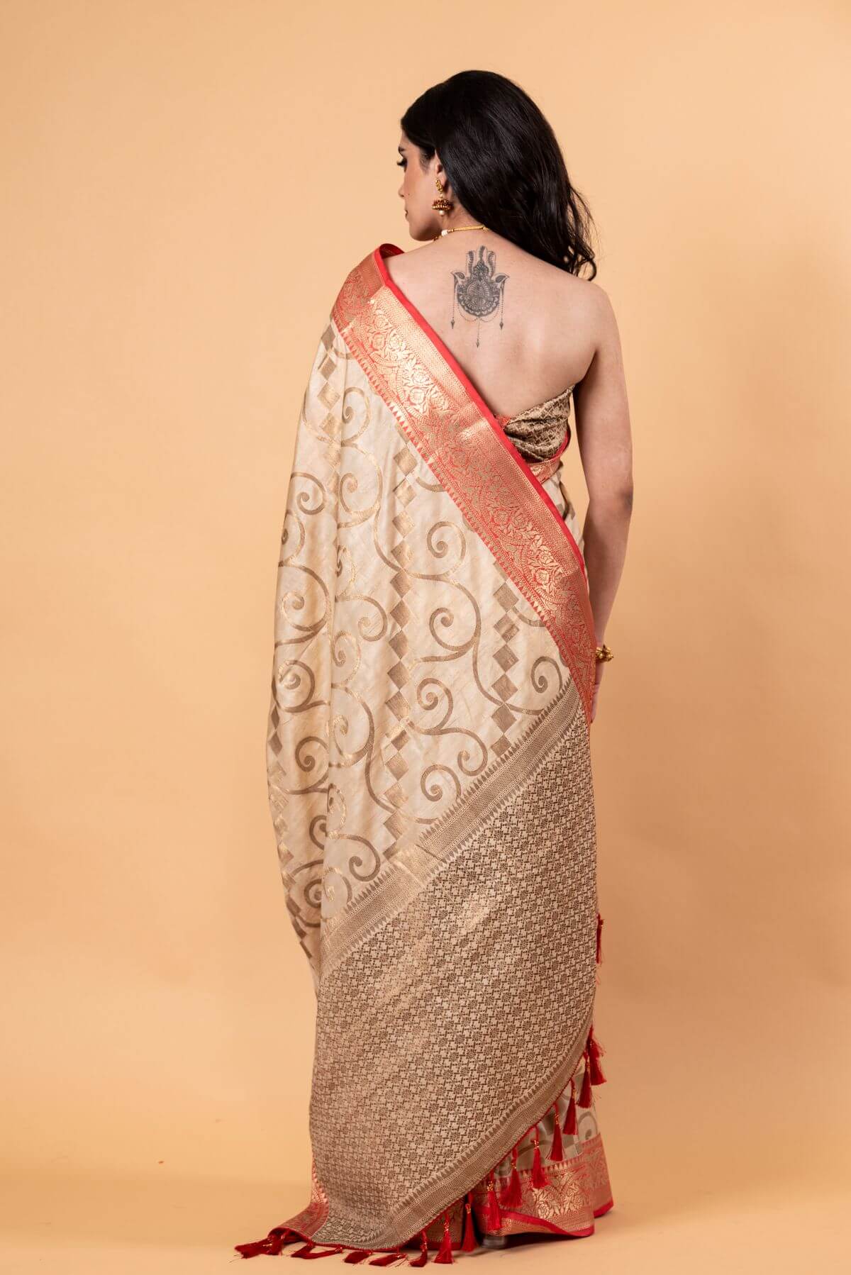 White and Red Silk Saree With Golden Zari Woven All Over Pallu and Border - Anvi Couture