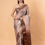 Gray Handwoven Gadwal Pure Silk Saree with Contrasting Copper Zari Border - Anvi Couture
