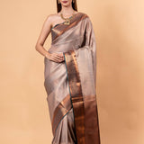 Gray Handwoven Gadwal Pure Silk Saree with Contrasting Copper Zari Border - Anvi Couture