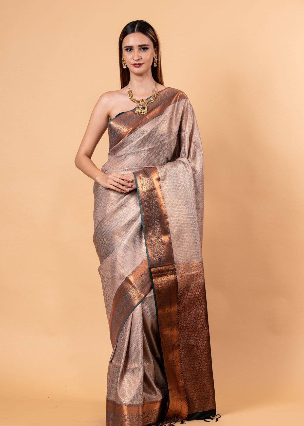 Gray Handwoven Gadwal Pure Silk Saree with Contrasting Copper Zari Border - Anvi Couture