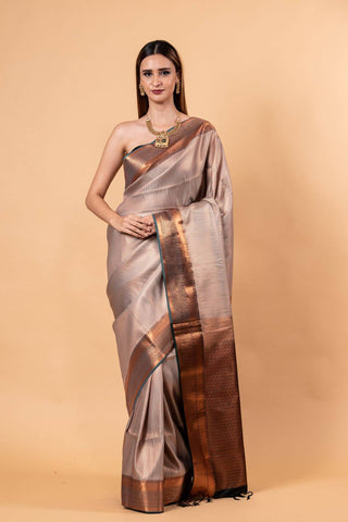 Gray Handwoven Gadwal Pure Silk Saree with Contrasting Copper Zari Border