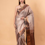 Gray Handwoven Gadwal Pure Silk Saree with Contrasting Copper Zari Border - Anvi Couture