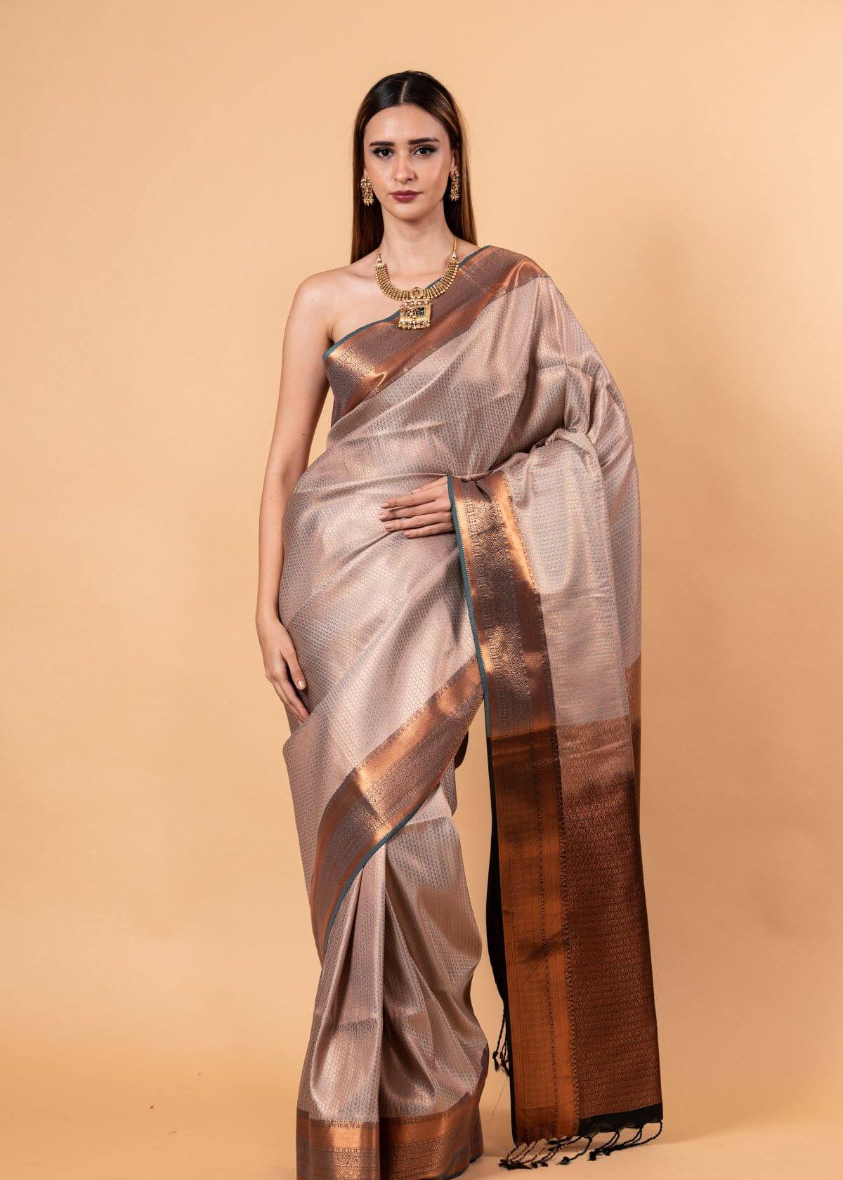 Gray Handwoven Gadwal Pure Silk Saree with Contrasting Copper Zari Border - Anvi Couture