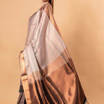 Gray Handwoven Gadwal Pure Silk Saree with Contrasting Copper Zari Border - Anvi Couture