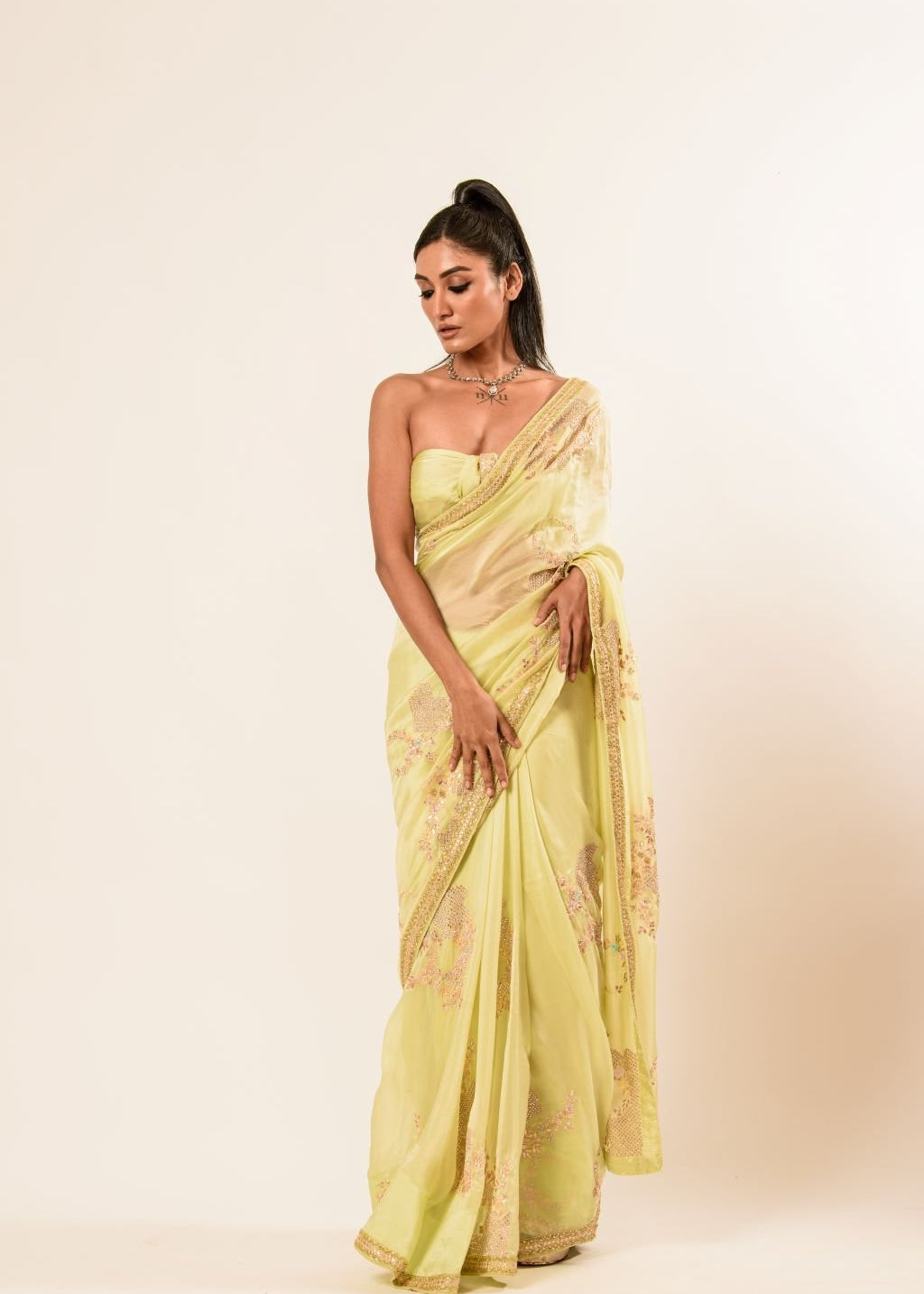 Light Yellow Hand Embroidered Crepe Silk Saree - Anvi Couture