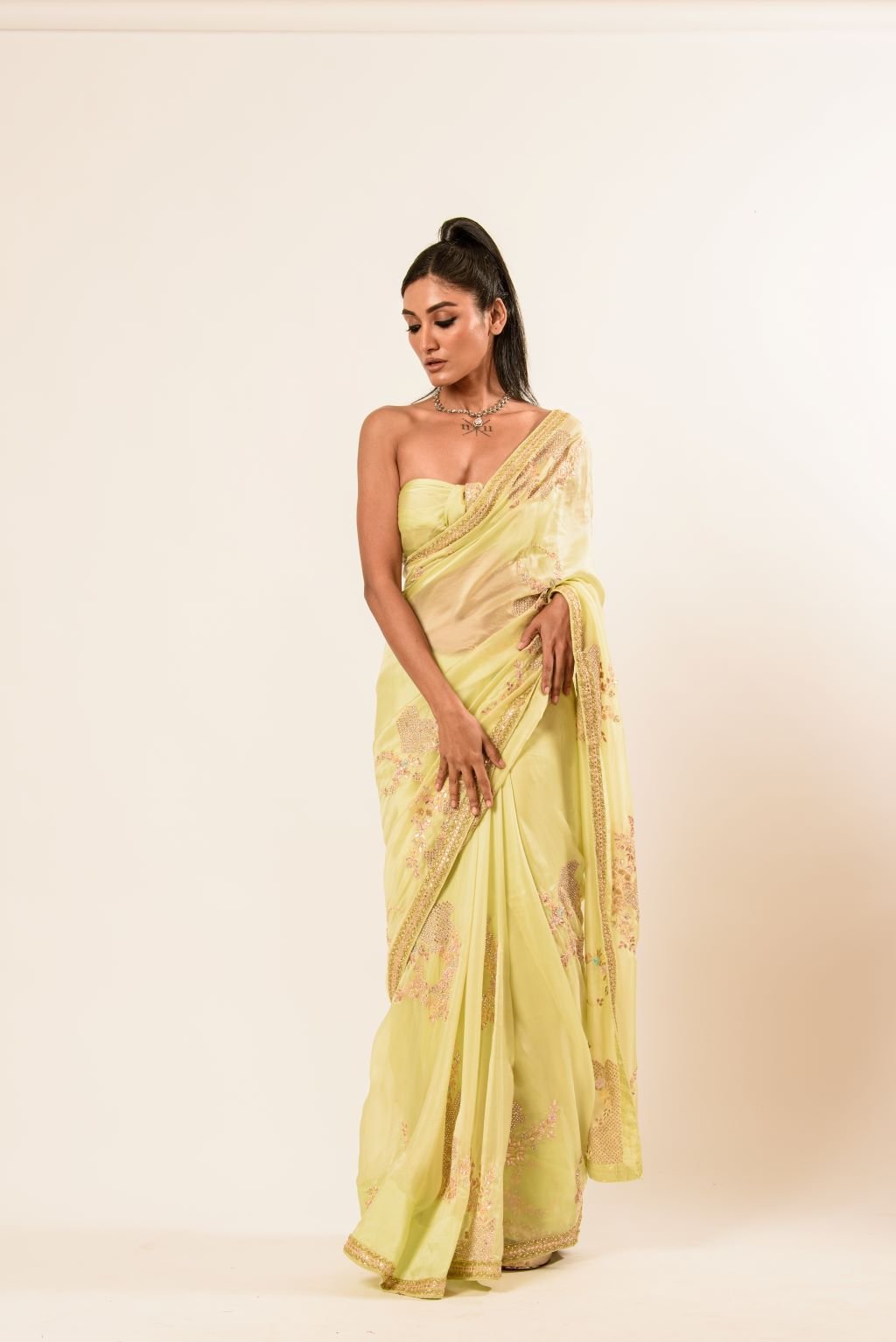 Light Yellow Hand Embroidered Crepe Silk Saree - Anvi Couture