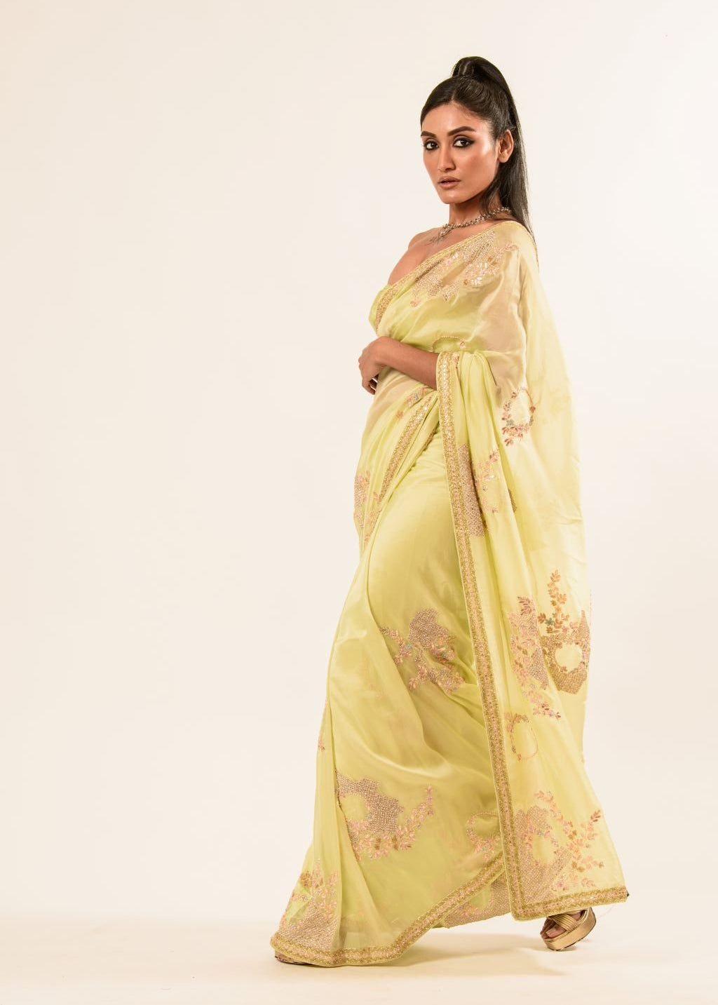 Light Yellow Hand Embroidered Crepe Silk Saree - Anvi Couture