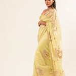 Light Yellow Hand Embroidered Crepe Silk Saree - Anvi Couture