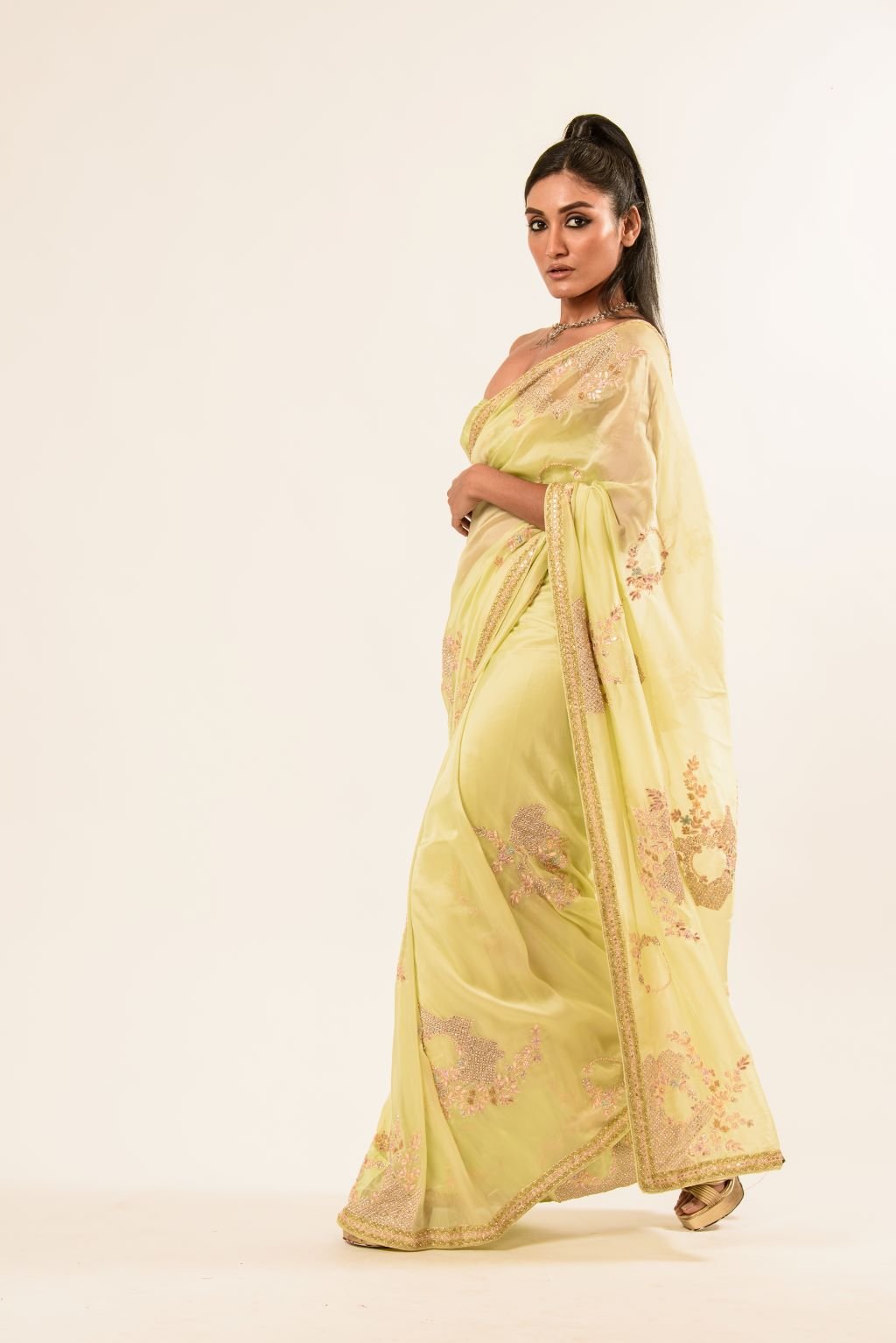 Light Yellow Hand Embroidered Crepe Silk Saree - Image 2