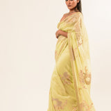 Light Yellow Hand Embroidered Crepe Silk Saree - Anvi Couture