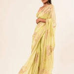 Light Yellow Hand Embroidered Crepe Silk Saree - Image 3