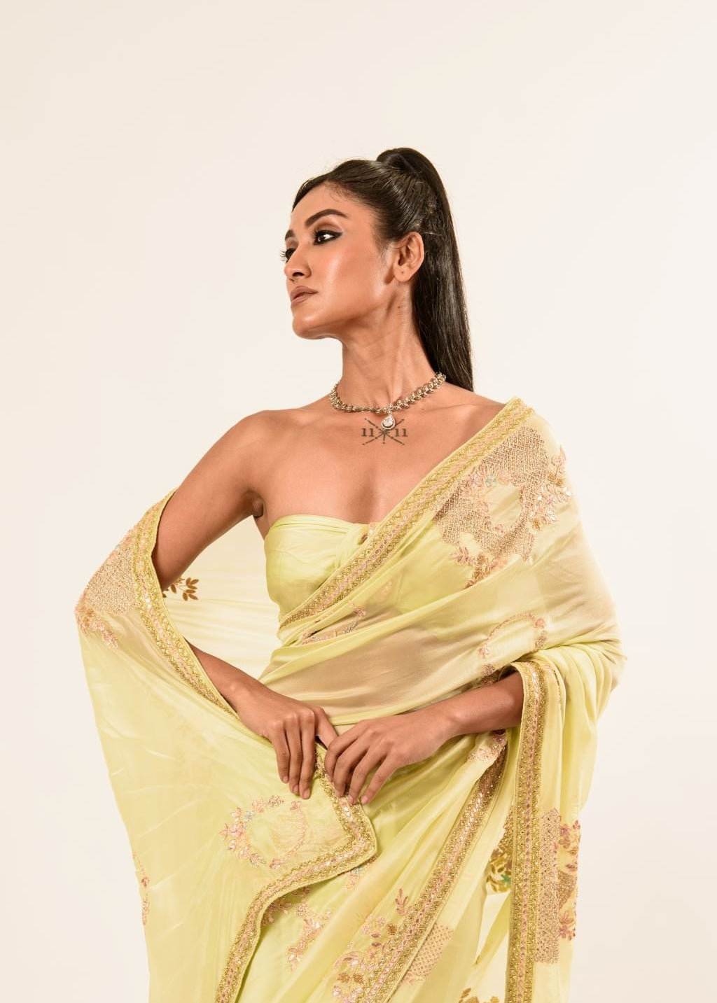 Light Yellow Hand Embroidered Crepe Silk Saree - Image 4