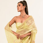 Light Yellow Hand Embroidered Crepe Silk Saree - Anvi Couture