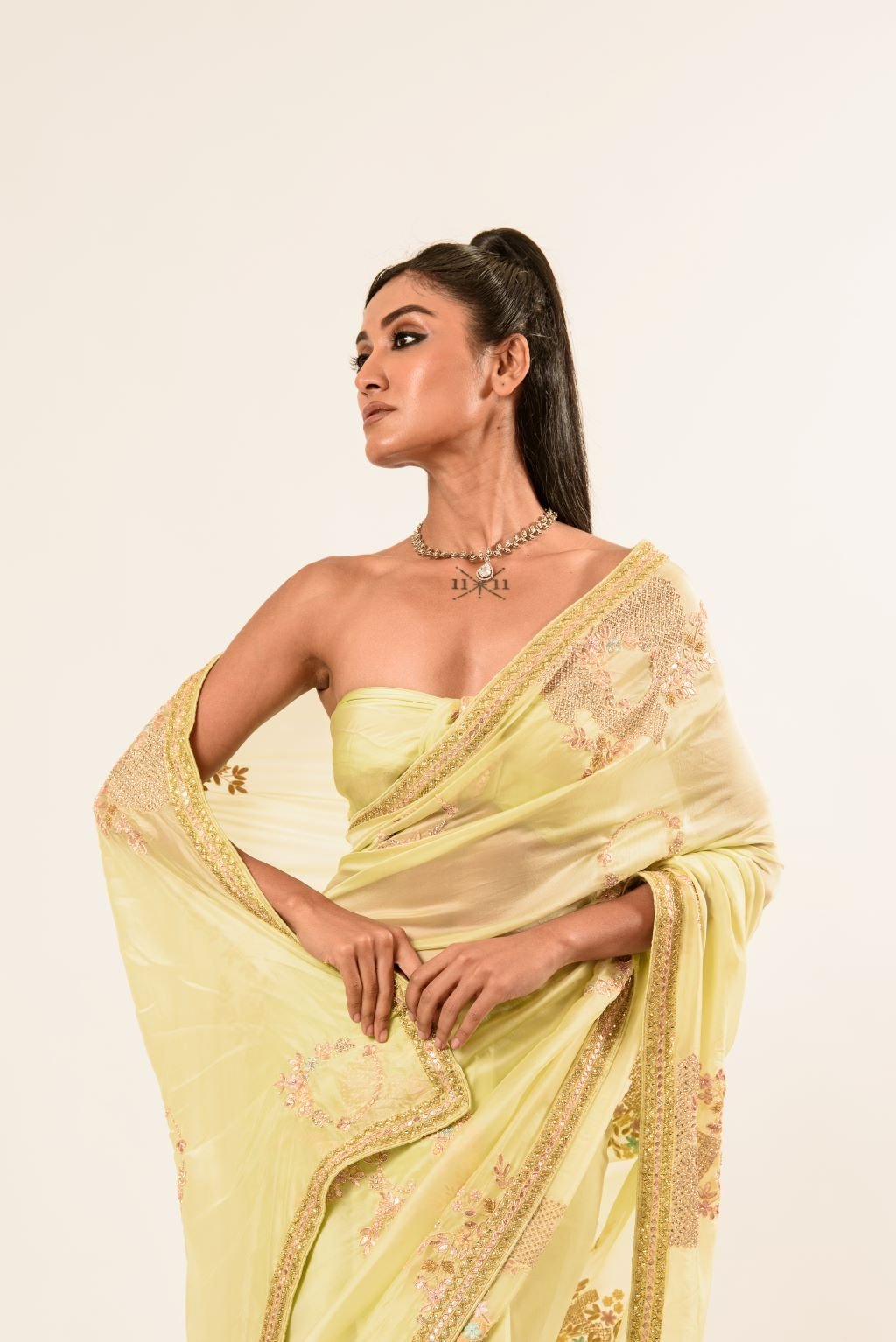 Light Yellow Hand Embroidered Crepe Silk Saree - Image 4