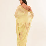 Light Yellow Hand Embroidered Crepe Silk Saree - Anvi Couture