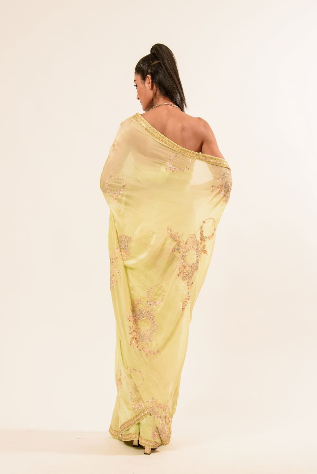 Light Yellow Hand Embroidered Crepe Silk Saree - Anvi Couture