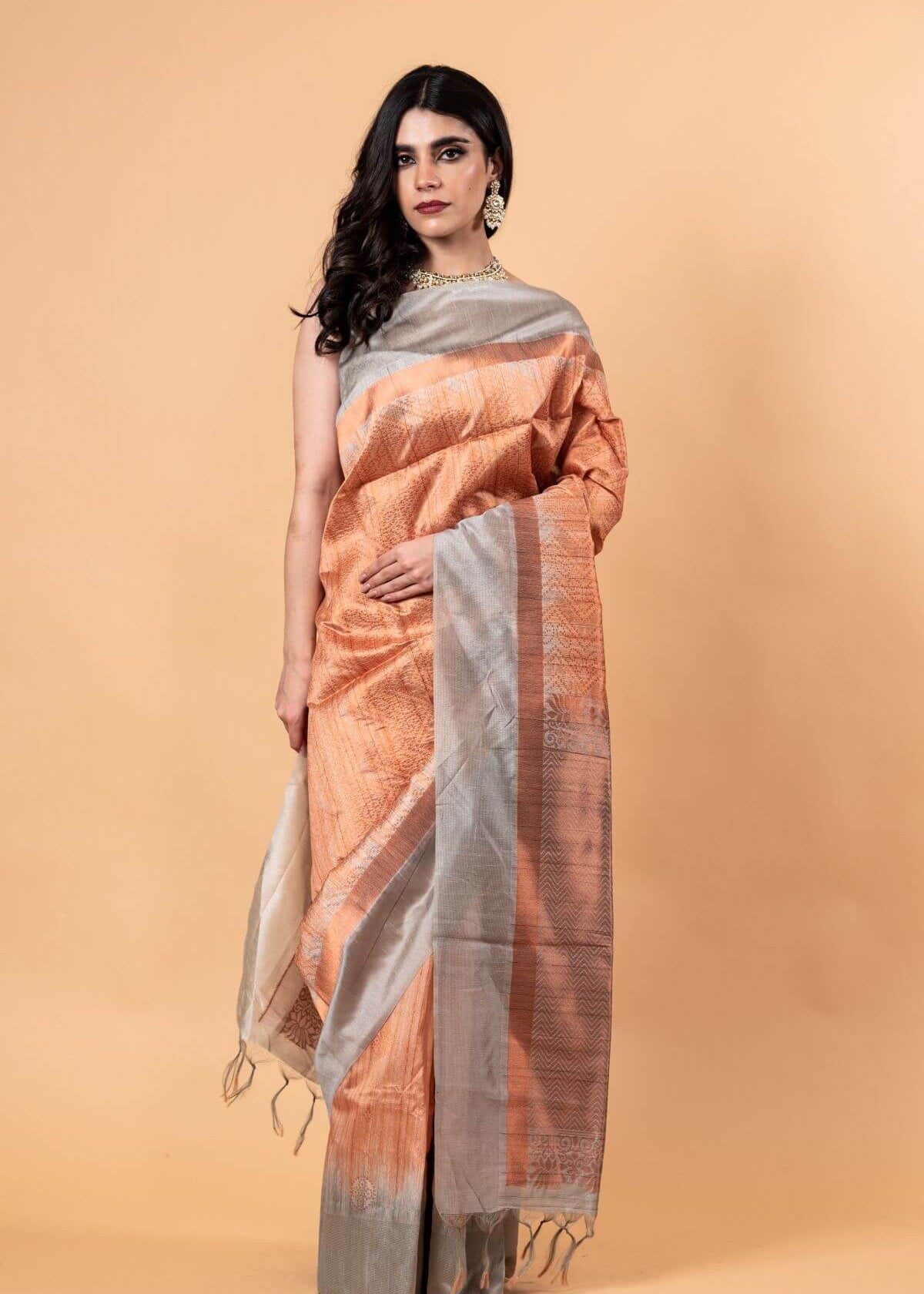 Orange and Gray Pure Silk Shibori Saree - Anvi Couture