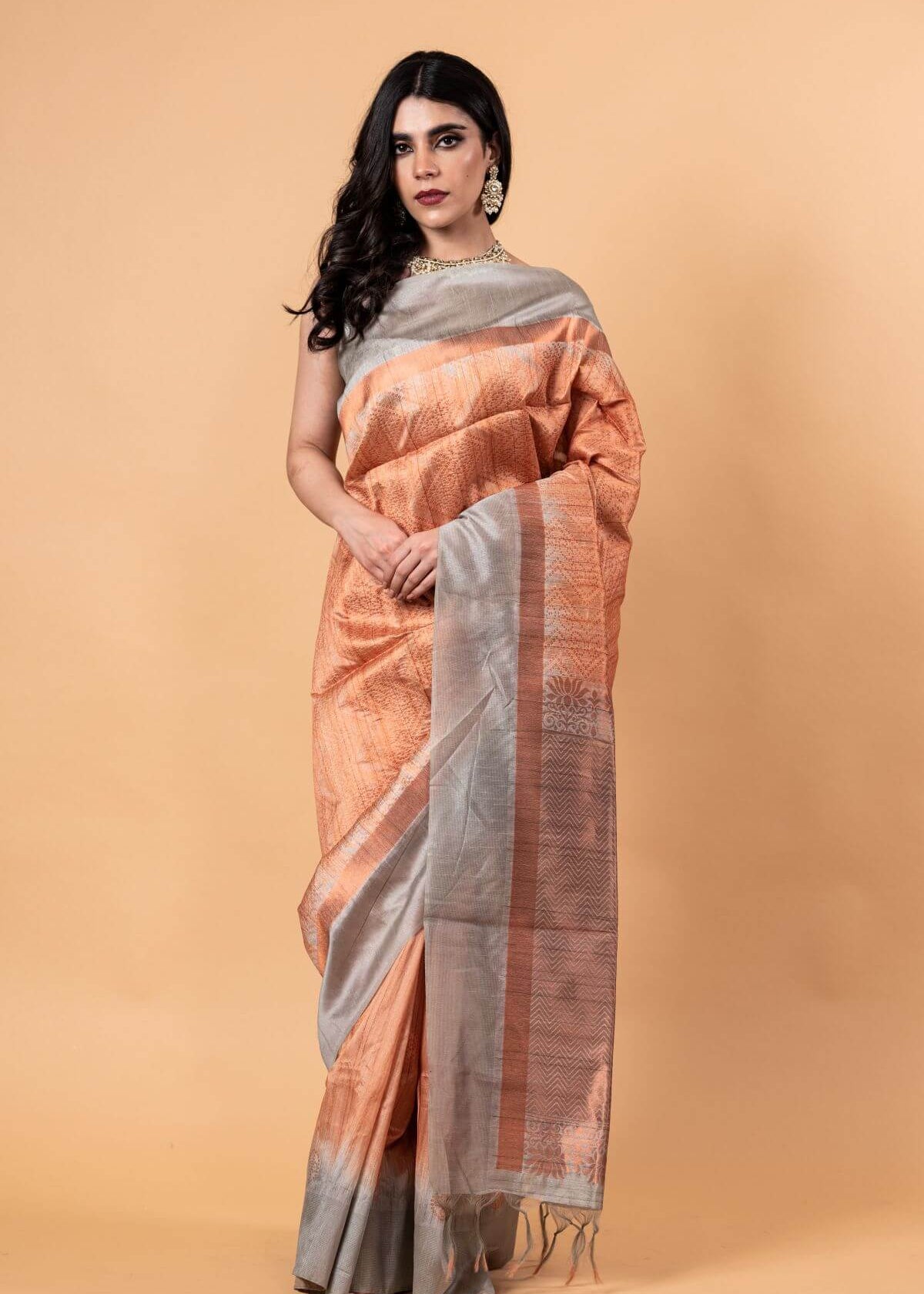 Orange and Gray Pure Silk Shibori Saree - Anvi Couture