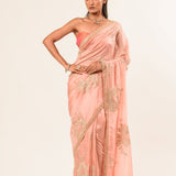 Light Pink Hand Embroidered Crepe Silk Saree - Anvi Couture