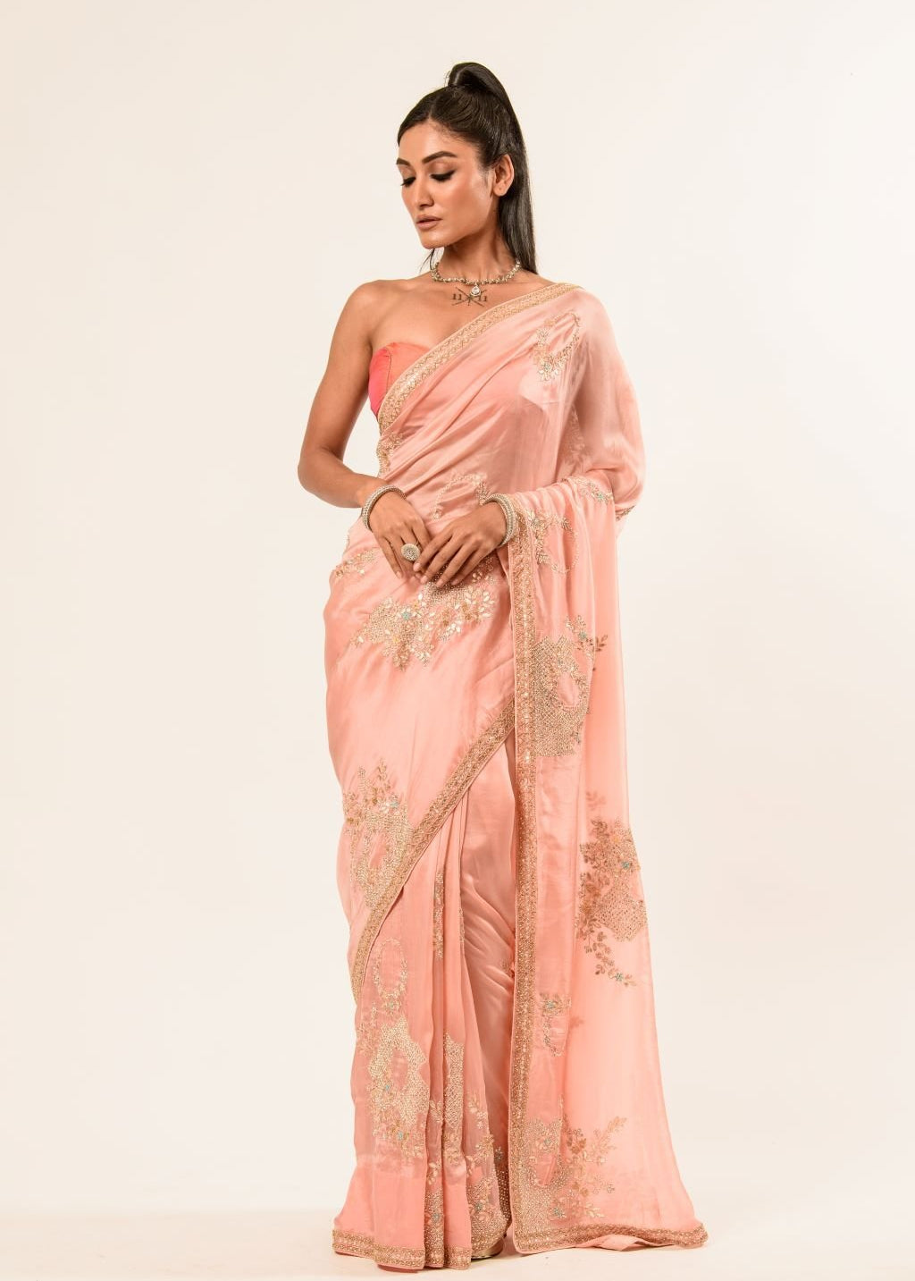 Light Pink Hand Embroidered Crepe Silk Saree - Anvi Couture