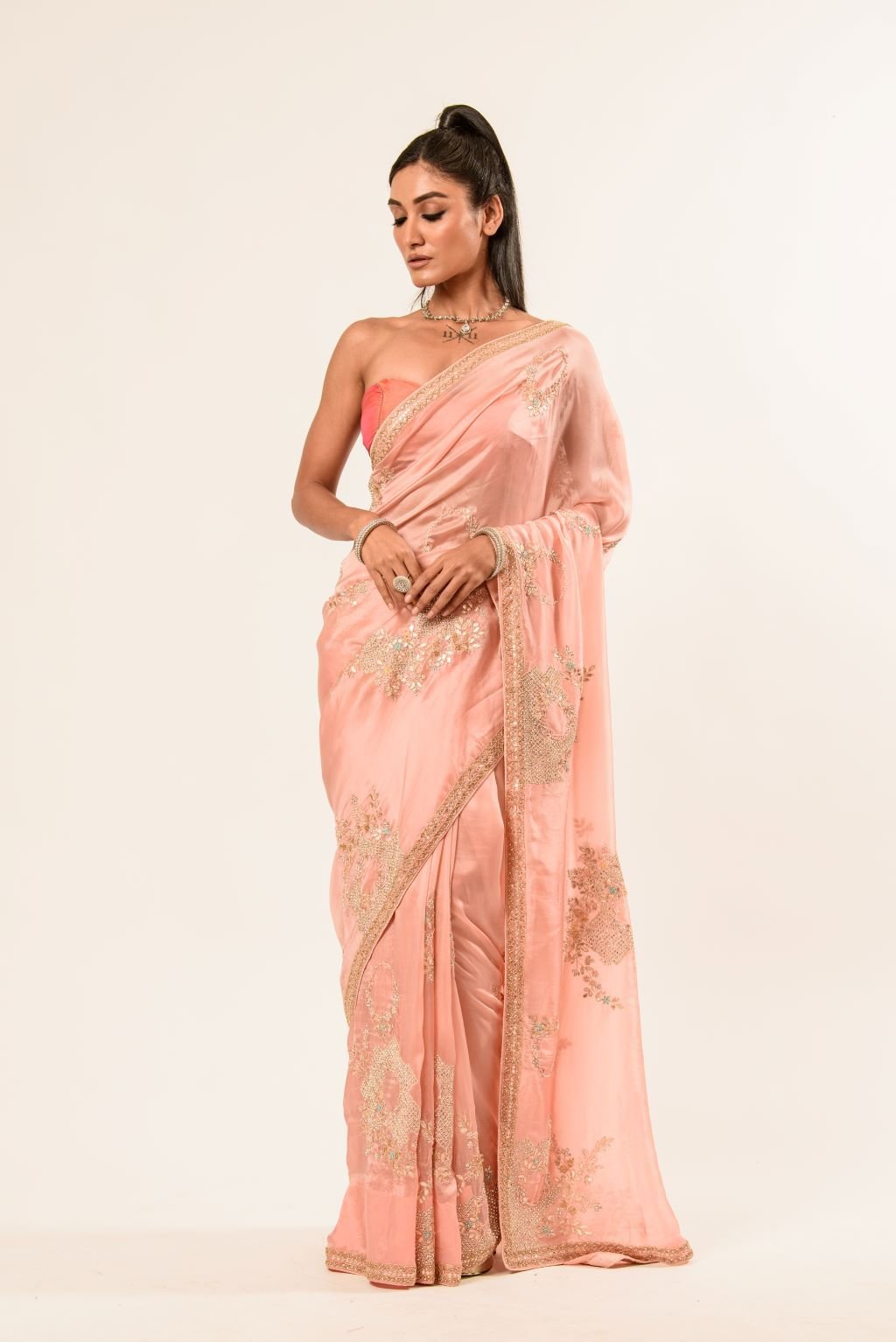 Light Pink Hand Embroidered Crepe Silk Saree - Anvi Couture