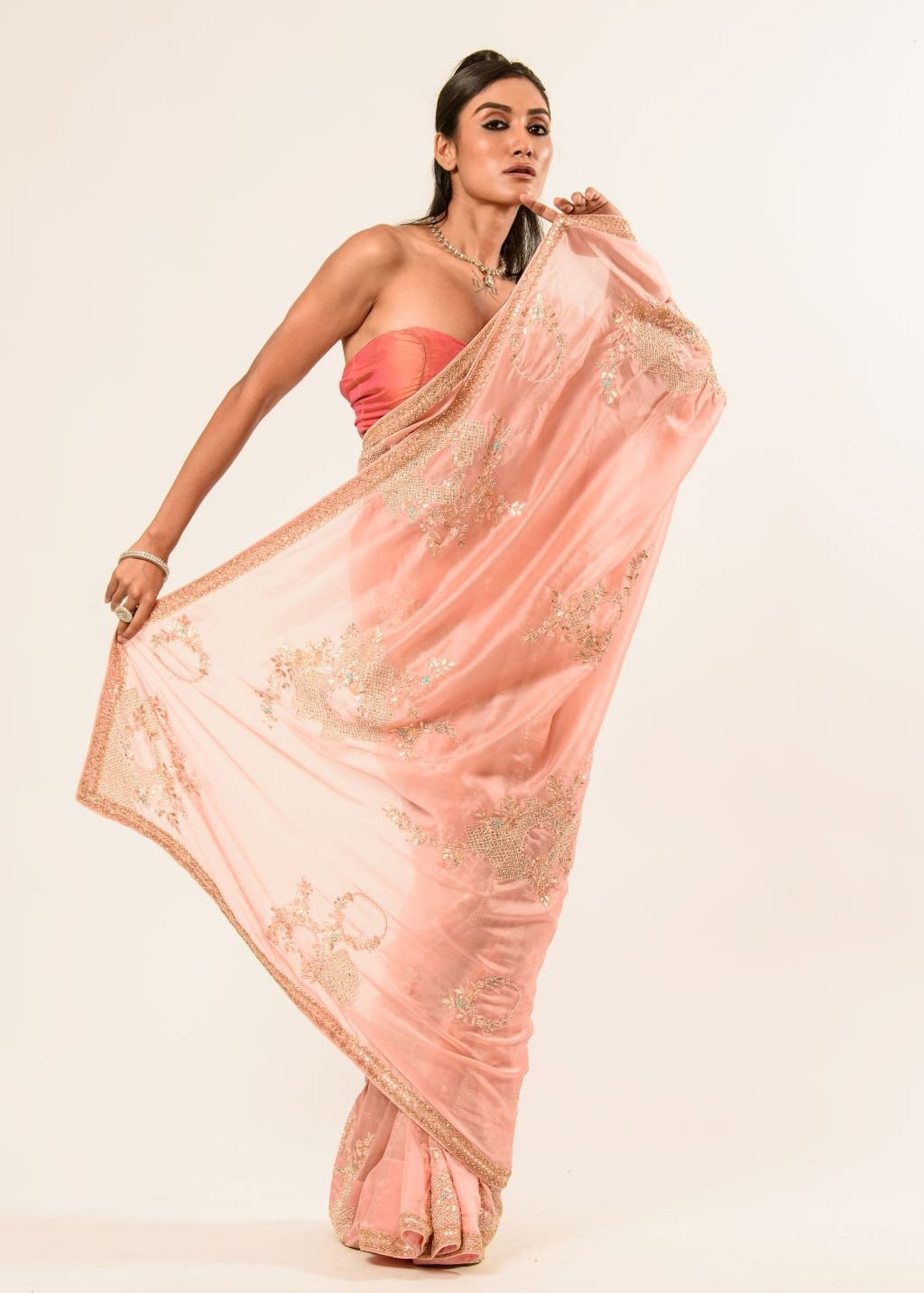 Light Pink Hand Embroidered Crepe Silk Saree - Image 3