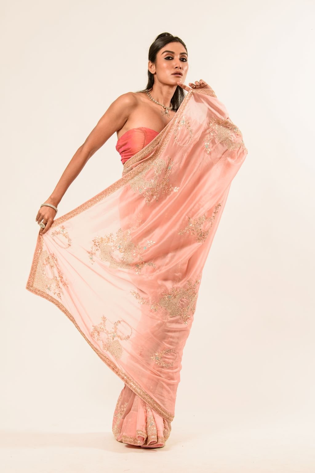 Light Pink Hand Embroidered Crepe Silk Saree - Anvi Couture