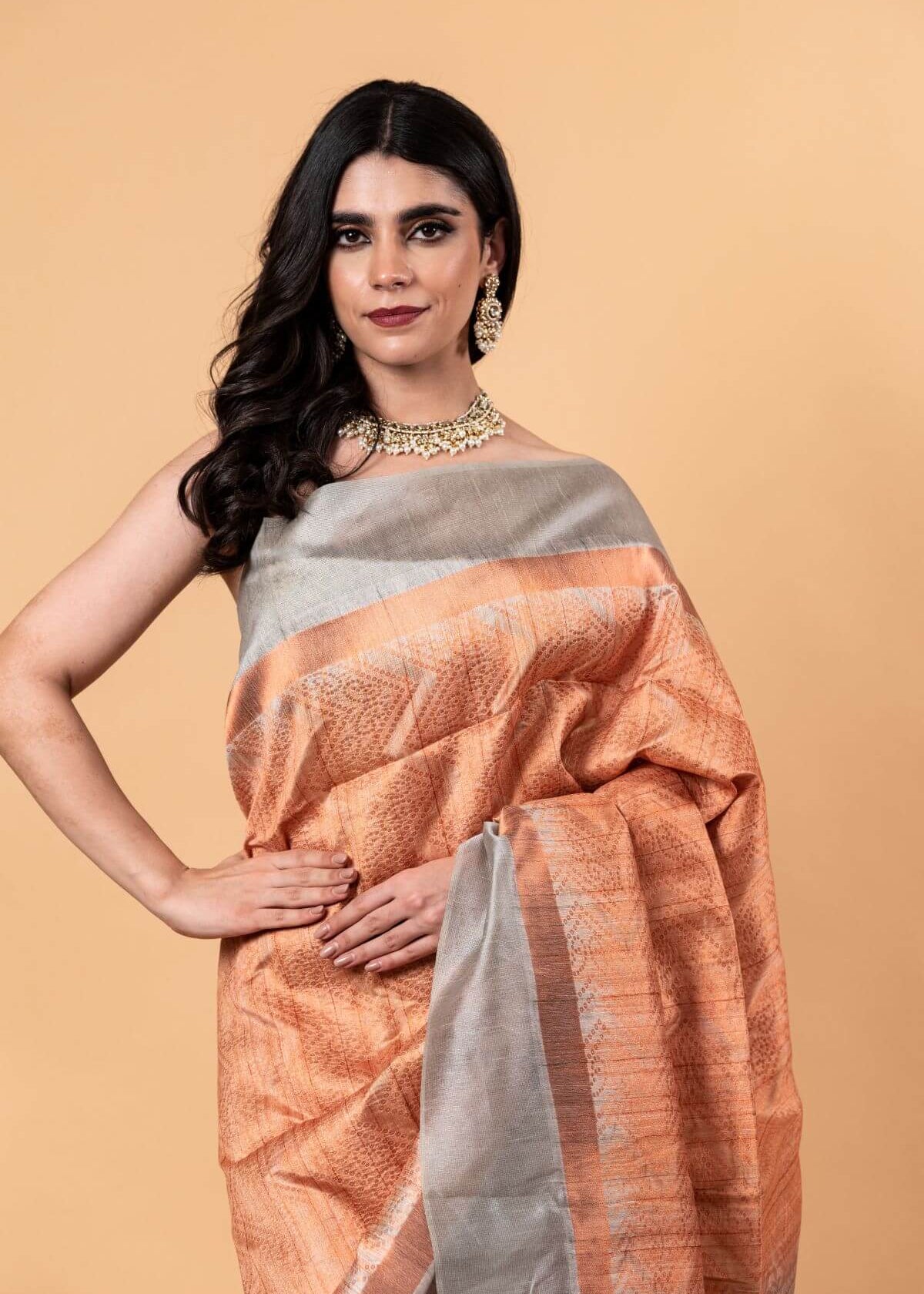 Orange and Gray Pure Silk Shibori Saree - Anvi Couture