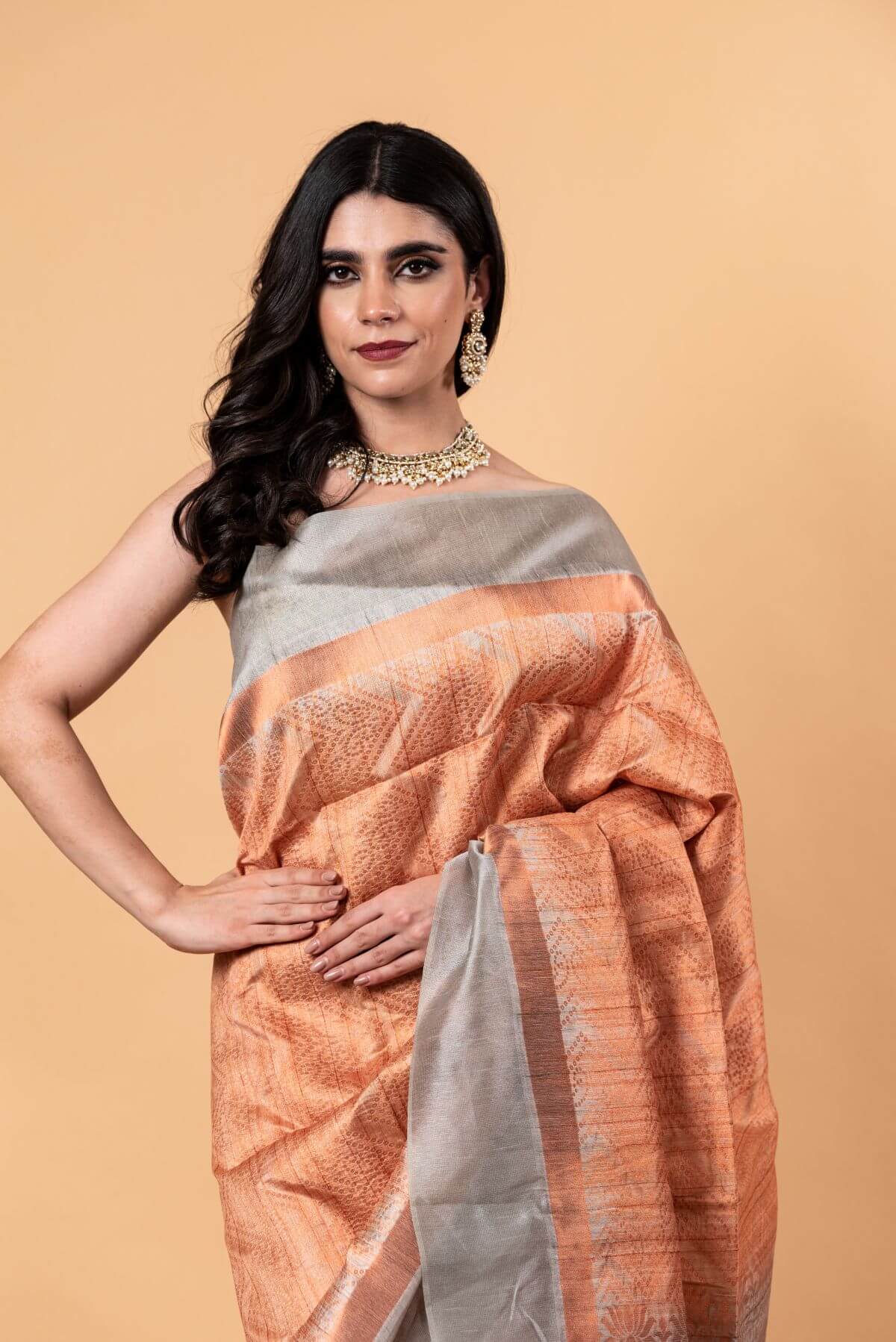 Orange and Gray Pure Silk Shibori Saree - Anvi Couture