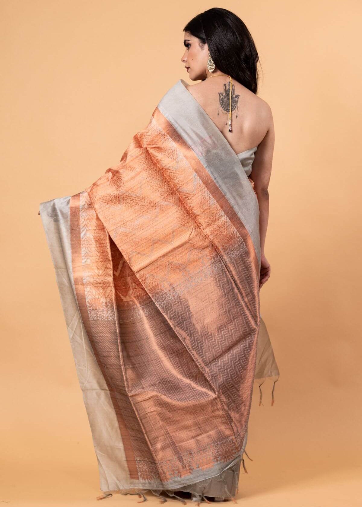 Orange and Gray Pure Silk Shibori Saree - Anvi Couture