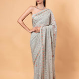 Gray Georgette Chikankari Saree with Multicolor Floral Embroidery - Anvi Couture