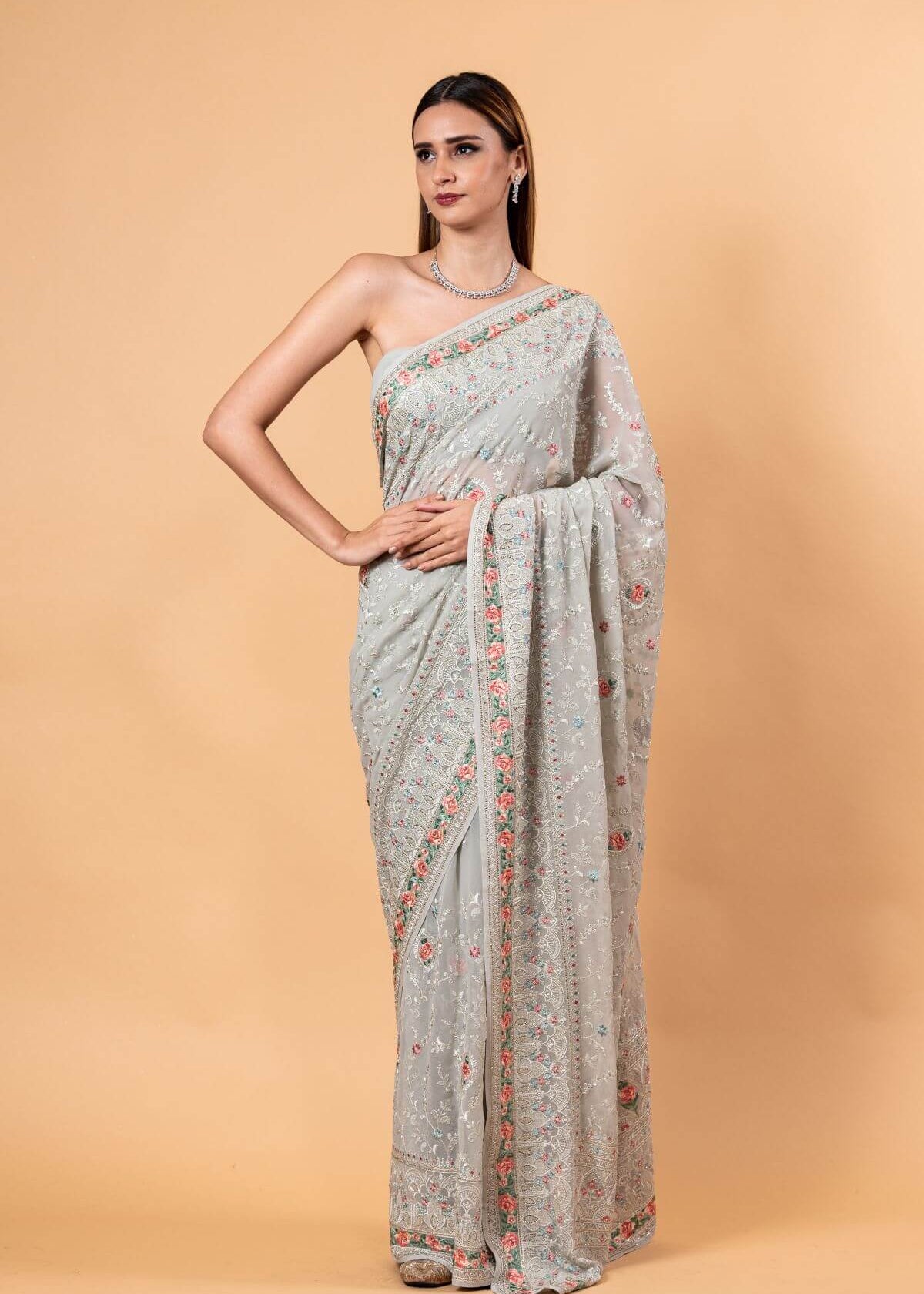 Gray Georgette Chikankari Saree with Multicolor Floral Embroidery - Anvi Couture