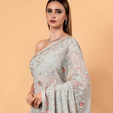 Gray Georgette Chikankari Saree with Multicolor Floral Embroidery - Anvi Couture