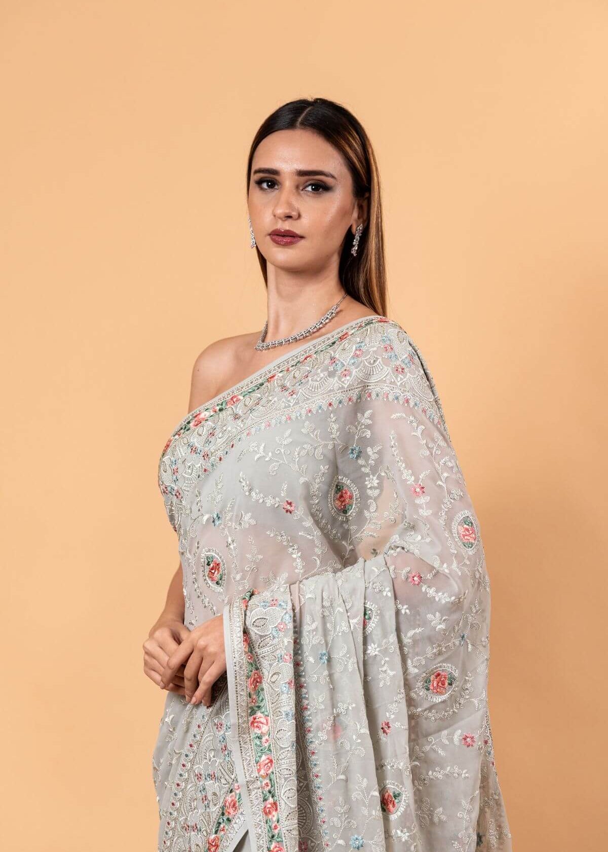 Gray Georgette Chikankari Saree with Multicolor Floral Embroidery - Anvi Couture