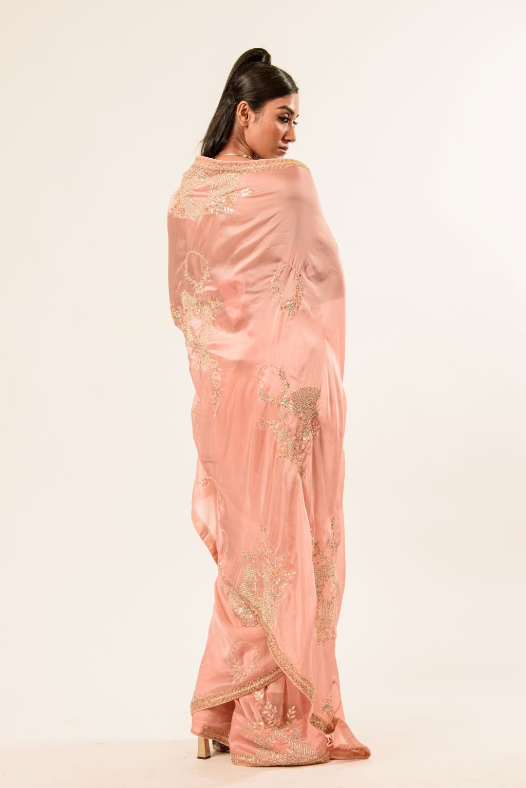 Light Pink Hand Embroidered Crepe Silk Saree - Anvi Couture